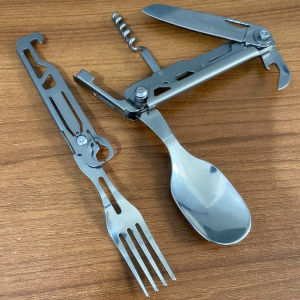 Outdoor Camping Stainless Steel Multifunctional Folding Spoon Fork Combination Bottle Opener Detachable Knife Fork Set EDC