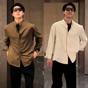 Spring Summer New Chinese Style Pure Color Simple Stand Collar Mens Long Sleeve Casual Loose Drapey Versatile Leisure Top