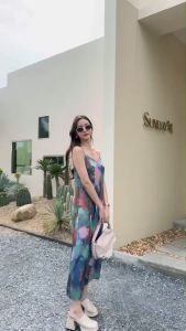 เดรสสายเดี่ยวพิมพ์ลายมีซิปข้าง Prinny รูปแบบใหม่ เดรสไปทะเล