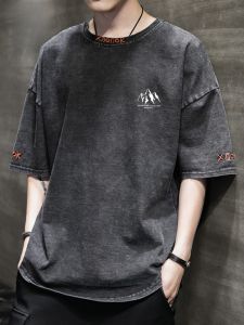 ROMON | Áo thun tay ngắn nam mùa hè mỏng phong cách Mỹ cổ tròn denim lụa băng tay áo cotton polyester spandex thời trang thành phố