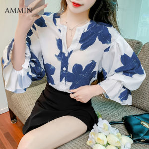 สไตล์เกาหลีเรียบง่าย เสื้อแฟชั่น คอวีแขนห้าส่วน เสื้อชีฟองหญิง แขนทรัมเป็ตหวาน ฤดูร้อน เสื้อวินเทจ หมึกเหม็น ลายดอกไม้ แขนสั้น รูหรูหรา 2023