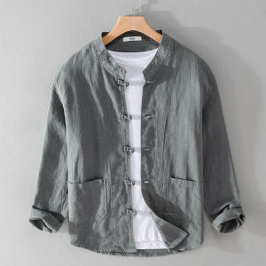 Retro Style Button up Collar Casual Shirt Jacket Mens Spring Autumn Cotton Linen Long Sleeve Loose Middle Age Tang Costume