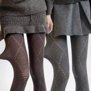 Retro Jacquard dệt kim pantyhose mùa thu mùa đông hình thoi cơ bản vớ độ đàn hồi cao dáng ôm vớ ấm của phụ nữ Legging Giữ Nhiệt