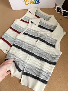 AMILUCK | Slim Fit Polo Neck Knitted Vest Womens Autumn New Style Solid Color Block Sleeveless Top Korean Style Casual Zipper Version