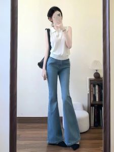 VKSOD | Áo len dệt kim cổ polo cho nữ mùa hè 2025 Quần Jeans Ống Loe Cạp Cao Ôm Dáng Khóa Kéo Bộ Hai Mảnh Phong Cách Hàn Quốc