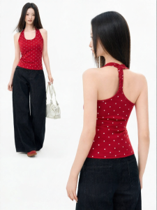 iiiamx | Áo Tank Top Đệm Đính Đấm Quai Dây Màu Đỏ