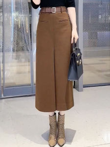 Cafe Brown High Waist Slit Suit Skirt Commute Style Korean Version Half Body Long Skirt Slimming Effect Autumn New Arrival