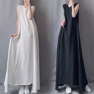 Slightly Large Size Dress Womens Summer Normcore round Neck Long Vest Dress Elegance Sleeveless Asymmetrical Hem Shirtdress