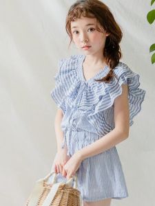 Girls Stripe Cotton Set Summer Thin Two-Piece Outfit Childrens Clothing Princess Style Kids Fashionable Clothes Ensemble