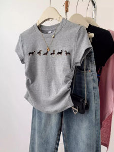 Gray Short Sleeve T-Shirt Womens Summer Slim Fit Cute Dog Print High Waist Cotton Blend Casual Fashion Street Style Top