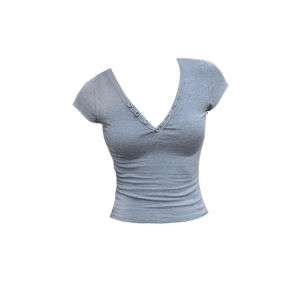 YUEZHONGWEI | American Style Short Sleeve V-neck T-shirt Womens Summer Slimming Fashionable Casual Top Gray Color Commute Style