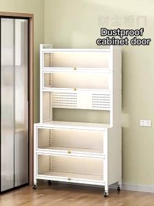 Kitchen Storage Cabinet Sideboard Cupboard Microwave Stand Cabon Steel Organizer With Foldable Door
