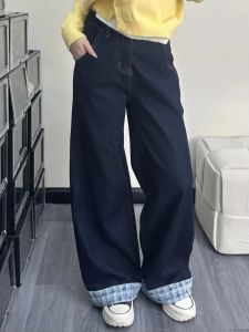 กางเกงยีนส์ผู้หญิงสไตล์ Y2K รุ่นใหม่ประจำฤดูหนาวปี 2025 ลายสก็อตต่อผ้า ปลายขาบาน เอวสูง ทรงหลวม ผูกโบว์ แฟชั่นสำหรับสุภาพสตรี