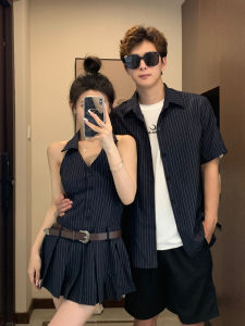 เสื้อเชิ้ตแขนสั้นลายทางสำหรับคู่รัก กระโปรงทรงเอเข้ารูป ทรงหลวม ฤดูร้อน 2023 เสื้อผ้าทำงานลำลอง