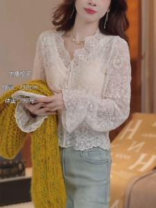 Autumn New Style Lace Shirt Womens Layered Wear Inner Base Shirt Ruffle V-Neck Hollow out Flared Sleeve Open Cardigan