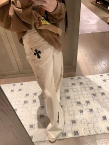 American Style Spicy Girl White Cross Stitching Splashed Ink Jeans Womens Loose Long Pants Natural Waist Denim Casual Wear