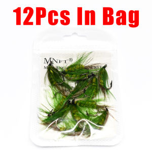 Topranc 12Pcs 6# Fly Fishing Nymph Green Body Worm Fly Tying Hook Artificial Bait Trout Flies Baits