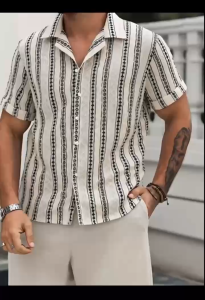Mens Summer Short - Sleeve Hawaiian Shirt with Retro Striped Pattern Casual Button - Down Beach Shirt Classic Personalized Color Block Geometric Texture Suit