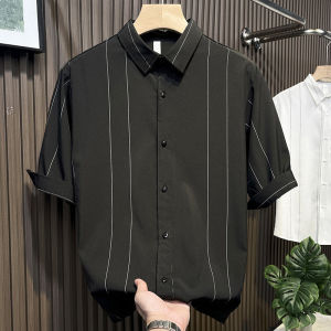 Băng Mùa Hè Lụa Áo Sơ Mi Tay Ngắn Nam Mỏng Mỏng Thoải Mái Màu Đen Áo Sơ Mi Drapey Thời Trang Trẻ Trung Thoáng Khí Tiêu Chuẩn Phù Hợp Với Thương Hiệu Trung Quốc