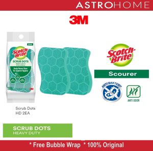Scotch-Brite 3M Scrub Dots HDPK2 HD PK2 Spons Cuci Piring Heavy Duty Sabut Higienis Anti Bakteri & Anti Bau Daya Gosok Kuat 100% Original Mudah Dibilas Sisa Makanan Tidak Menempel Mencegah Bau (1 pax isi 2 pcs)
