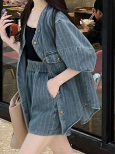 Retro Hong Kong Style Womens Fashion Set V-neck Lantern Sleeve Denim Top High Waist Wide Leg Shorts Two-piece Set Summer Autumn
