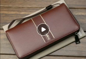 ABC BAGS#8017 Trendy mens long PU leather zipper wallet features stripe accented with dual gold parallel pinstripes