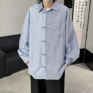 Loose Fit Long Sleeve Mens Shirt with Button Collar New Chinese Style Striped Design Spring Summer Outerwear Casual Shirt
