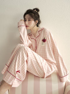 Mùa Xuân Mùa Thu Áo Ngủ Dài Tay Màu Hồng Kẻ Caro Bằng Cotton Nguyên Chất Cho Nữ Mùa Xuân Mùa Thu Quần Áo Mặc Nhà