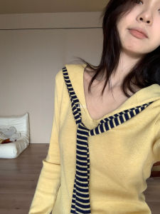 Navy Stripe Knit Sweater Slim Fit Autumn Winter