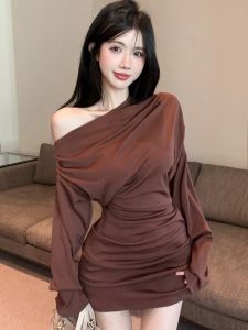 GUZILIAN | Đầm dài tay ôm vừa vặn gợi cảm cho nữ mùa thu đông phong cách Hàn Quốc chất liệu vải mềm mại cạp cao váy midi cổ chữ V