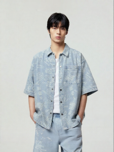 Jack Jones | Mens Shirt Short Sleeve Full Print Patchwork Button Snap Collar Loose Fit