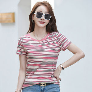 Women Short Sleeve Round-neck T-shirt Casual Stripe Tops