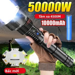 Đèn Pin LED 50000W Đèn Pin Chống Nước Tầm Xa 4500M Có Thể Sạc Lại Bằng USB Để Cắm Trại Câu Cá - Đèn Lồng Công Suất Cao Có Thể Điều Chỉnh Tiêu Cự