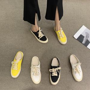 Womens Flat Head Cover Slippers Spring Summer New Thick Bottom Canvas Mules Indoor Outdoor Wear Casual College Style