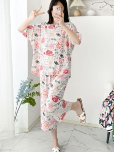 ฤดูร้อน ผ้าฝ้าย ผ้าไหม ชุดนอน ผู้หญิง พลัสไซส์ Capri แขนสั้น กางเกง ประดิษฐ์ ผ้าฝ้าย เสื้อผ้าบ้านชุดสองชิ้นบาง