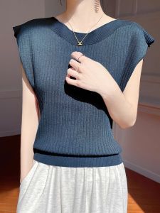 Fashionable Ice Silk Knitted T-Shirt Womens Shoulder Baring Sleeveless Base Top Slimming Stylish Design Korean Style Summer Wear