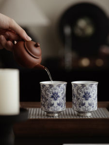 Mr. Jis Blue And White Silver-Plated Lotus Stem Single High-End Tea Cup Owner Cup Portable Ladies Special Ceramic Tea Set