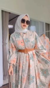 Zoyya Bunga Dress Wanita Crinkle Airflow Premium Gamis Terbaru Lengan Balon Panjang Baju Muslim Polos Kekinian LD 110 cm