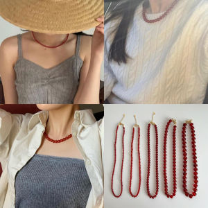 New Chinese Style Womens Fashion Jewelry Necklace Accessories Red Beads Light Luxury High-End Clavicle Chain Vintage Sweater Chain Trendy Collarbone Chain