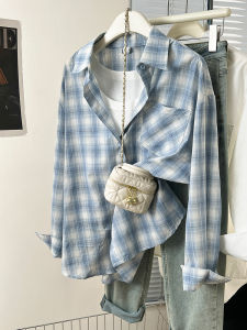 Blue Summer Thin Long Sleeve Plaid Shirt Womens Loose French Style Top Coat Trendy Outerwear Commute Pure Cotton Polo Collar