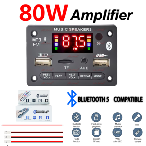 7V-24V 80W Amplifier MP3 Decoder Board Bluetooth 5.0 Wireless Audio Module Big Color Screen Call Recording TF FM Radio For Car