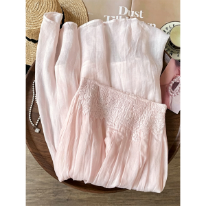 AEJUONOS | French Romantic Style Pink Lace Half-Skirt Summer Slim Fit Long Skirt