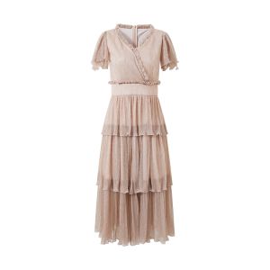 BADINA | Bathina Sequin Mesh Dress Womens V-neck Short Sleeve Cake Skirt Elegant Pink Autumn New Style Lightweight Luxury Sensation