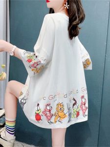 Mid to Long Length Large Size Womens T-shirt Loose Fit Cotton Blouse Summer Casual Style Korean Fashion With Cartoon Pattern