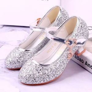 Shiny Sequin High Heels Childrens Single Shoes Elementary School Student Performance Show Silver Color Princess Style Shoes