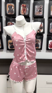 FINETOO Ruffled Cute Bow Backless Cropped Camisole Top and Elastic Shorts Womens Pajama Set Love Print