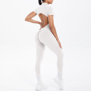Nữ Tay Ngắn Thể Dục Jumpsuit Hở Lưng Màu Scrunch 1 Body Nửa Dây Kéo Tập Gym Yoga Bộ Tập Thể Hình