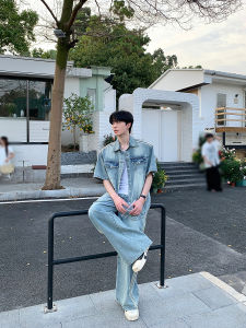 ONELYC1NS Retro Washed Shoulder Padded Denim Jacket Short Sleeve Bar Design Jeans Set Long Pants Summer Fashion Menswear