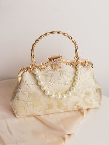 Retro Style Chinese New Medium Square Handbag Womens Qipao Matching Bag Soft Fabric Material Pearl Accessory Daily Use