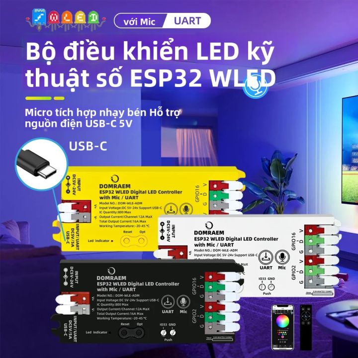 DOMRAEM ESP32 WLED USB-C Bộ Điều Khiển Đèn LED Có Thể Định Địa Chỉ Mic ...